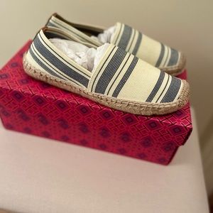 Tory Burch elastic espadrilles.  New with box.  Size 8, runs like a size 7.